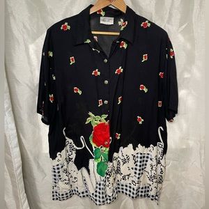 Plus Size VTG 90’s Black Red White Green Rose Gingham Print Short Sleeve Blouse